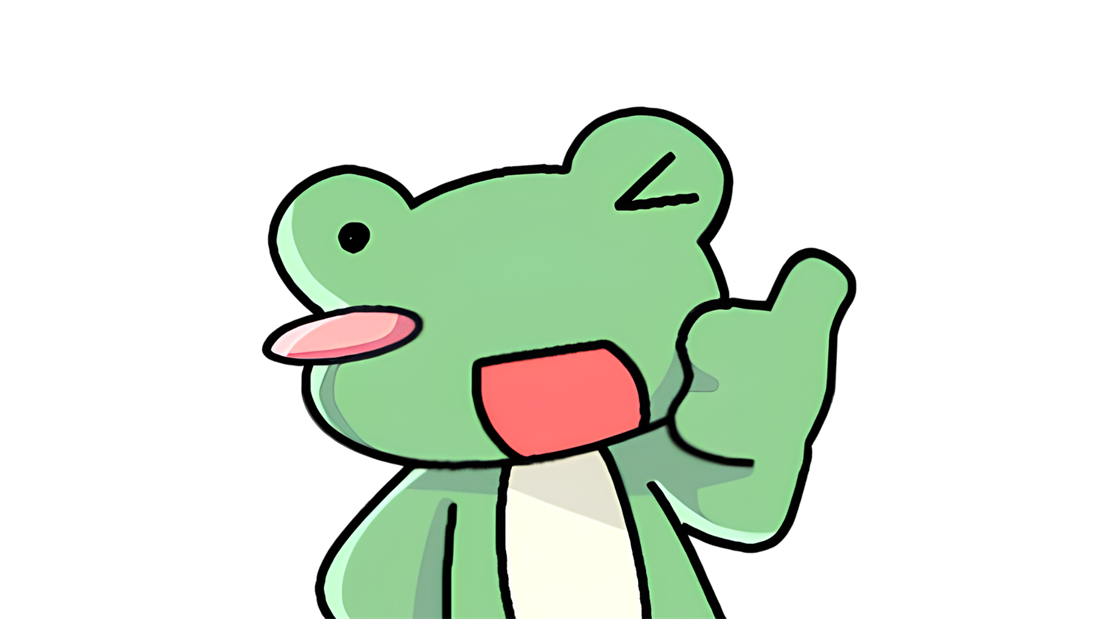 Froji the green frog giving a wink and a thumbs up